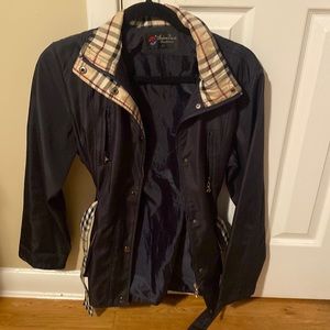 Lightweight dark navy with plaid print.